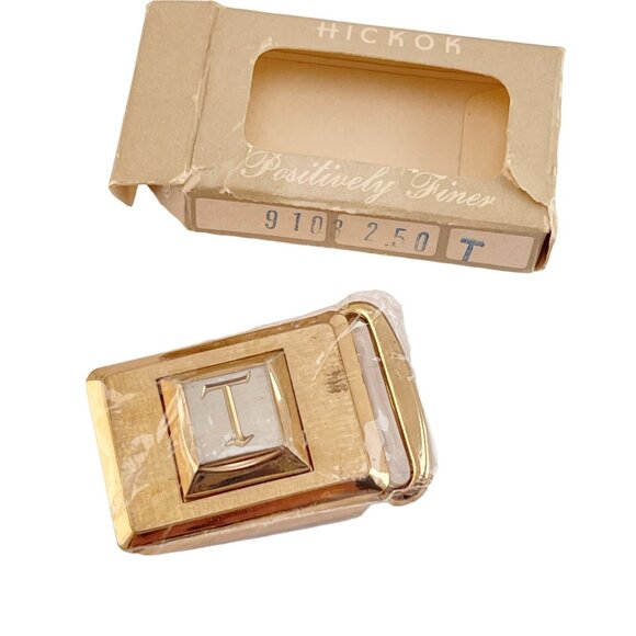 Hickok Gold Tone Initial T Belt Buckle Late 1950s in Box - Picture 4 of 9